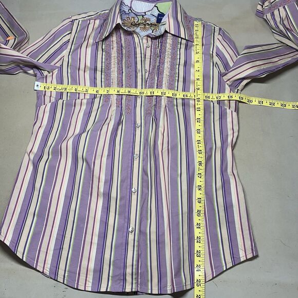 Robert Graham Womens Embroidered Button Up Top Size M Flip Cuff Pleated Striped - Picture 14 of 14